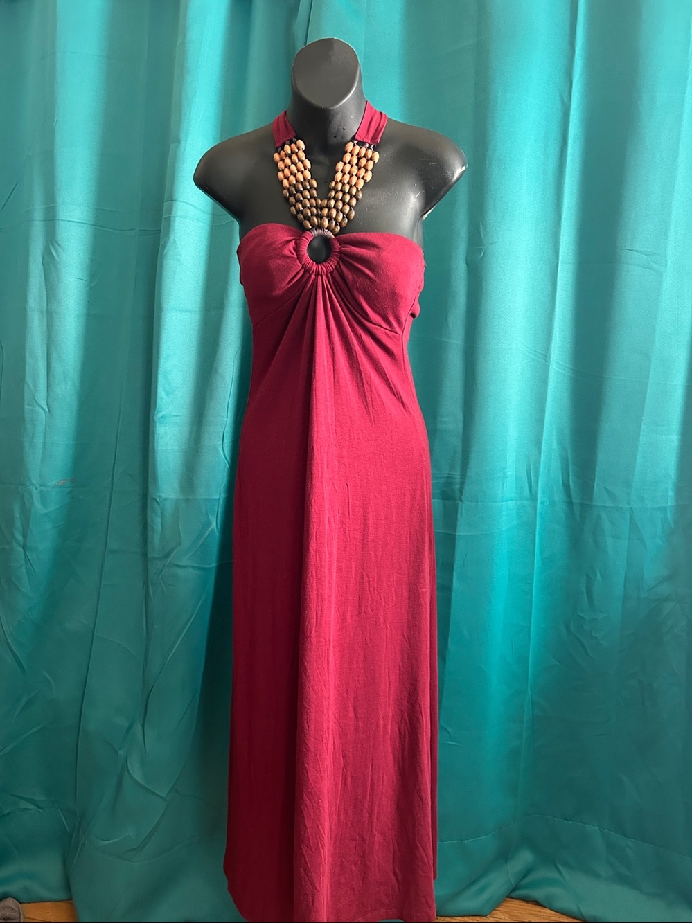 Halter Maxi Dress with Beaded Neckline - Burgundy